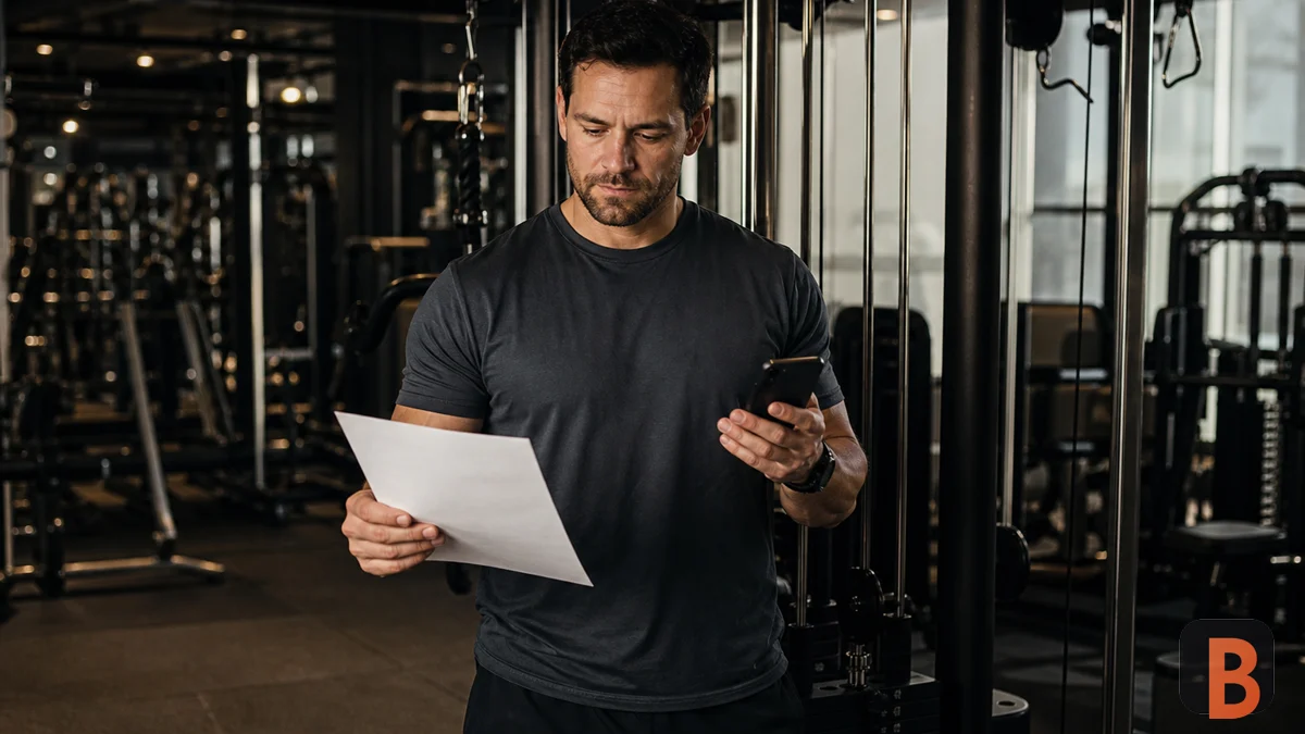 Athlete comparing a paper routine with a workout app in the gym