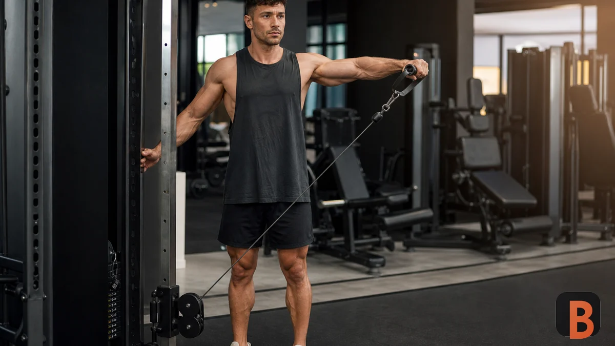 Athlete performs a controlled cable lateral raise in the gym
