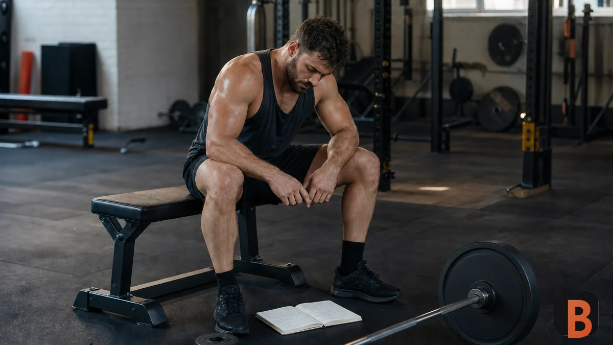 Athlete reviews his notebook beside a barbell and fractional plates between sets