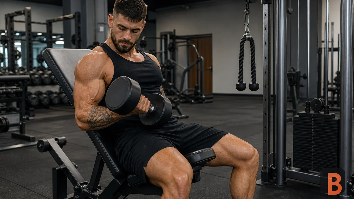 Athlete preparing two compatible accessory exercises beside a gym bench