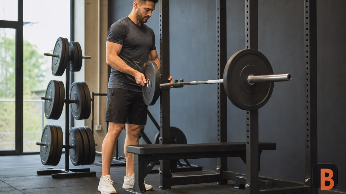 Athlete prepares a press set with different plate sizes beside the bench