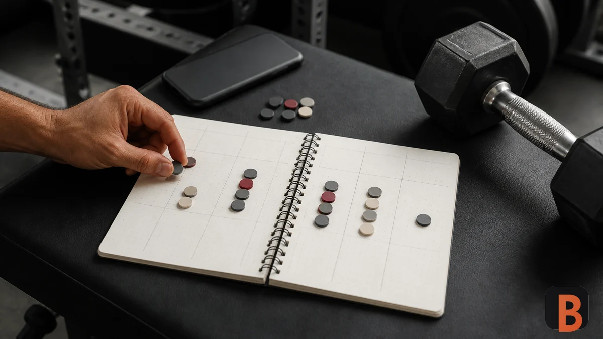 Ledger semanal de series directas e indirectas junto a discos de gimnasio