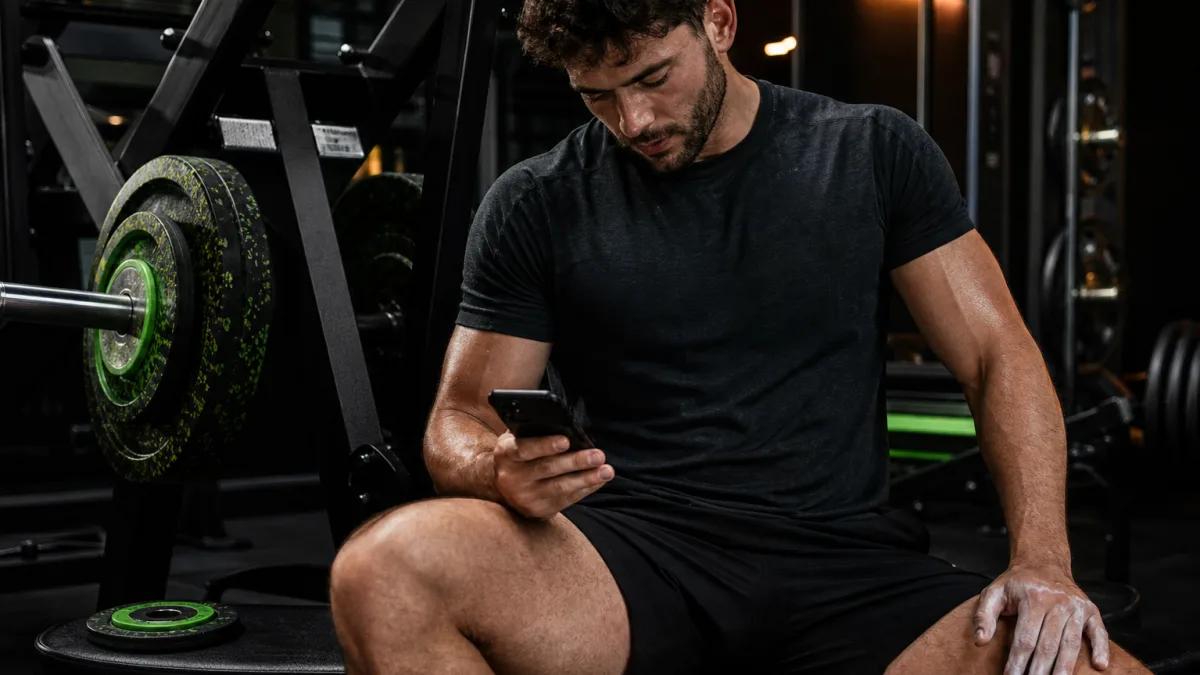 Atleta sentado junto a una máquina de gimnasio mientras registra una serie en el móvil