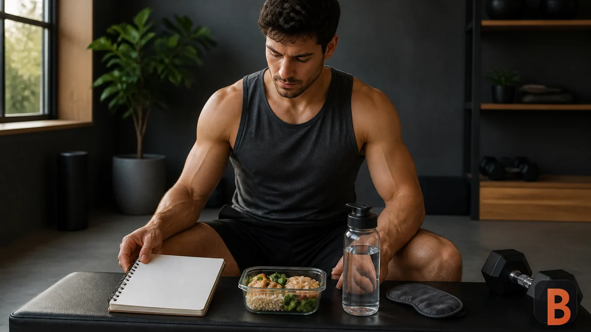 Atleta revisa un cuaderno, una comida, agua y una máscara de descanso en el gimnasio