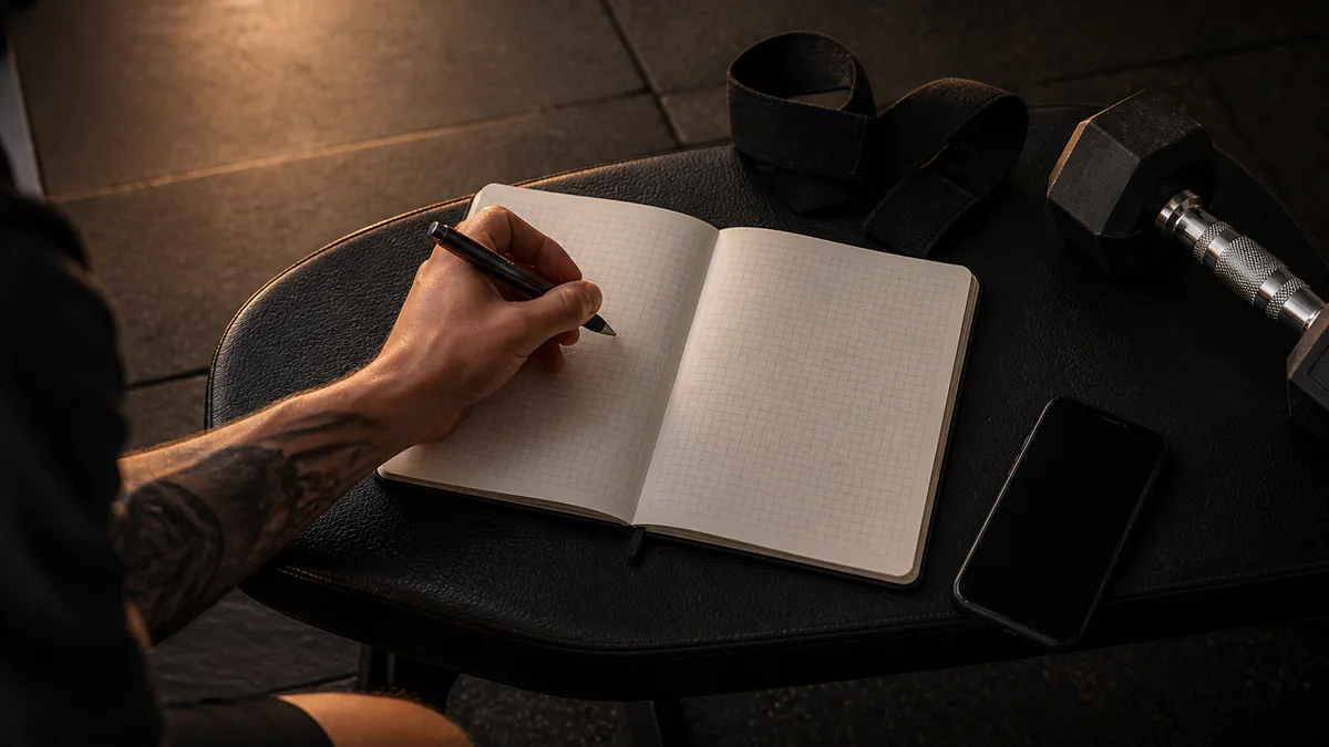 Mano escribiendo en un diario cuadriculado junto a un móvil y material de gimnasio